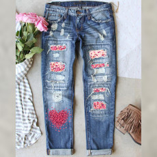 Valentine's Day new denim print hole casual women's denim pants