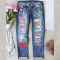 Valentine's Day new denim print hole casual women's denim pants