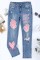 New pink heart-shaped pattern straight leg ripped jeans printed pants