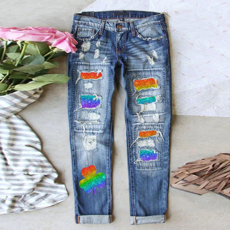 New hole print casual straight leg mid waist women's washed denim jeans
