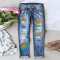 New hole print casual straight leg mid waist women's washed denim jeans