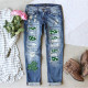 New St. Patrick's Day printed ripped waist wash straight leg jeans