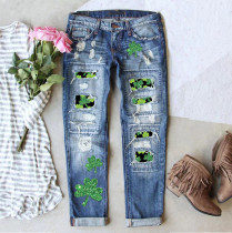 St. Patrick's Day printed ripped waist wash straight leg jeans