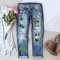St. Patrick's Day printed ripped waist wash straight leg jeans