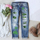 St. Patrick's Day printed ripped waist wash straight leg jeans