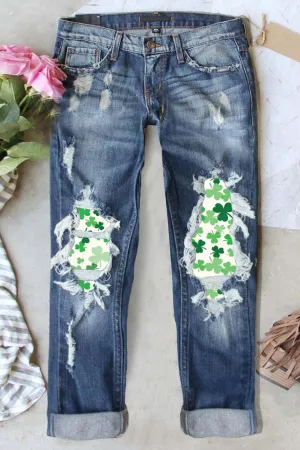 St. Patrick's Day printed ripped waist straight leg jeans
