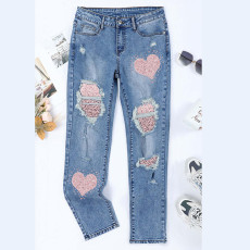Women's Valentine's Day Sparkling Heart Pattern Straight Tube Casual Piercing Jeans Straight Printed Pants Women