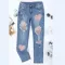 Women's Valentine's Day Sparkling Heart Pattern Straight Tube Casual Piercing Jeans Straight Printed Pants Women