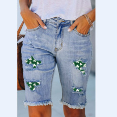 St. Patrick's Day fringed ankle mid waist denim shorts with holes