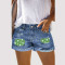 Fashionable new print with folded edges and holes, clover print, mid waist, summer women's jeans and shorts