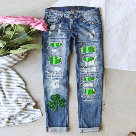 New hole print casual straight leg mid waist women's washed denim jeans