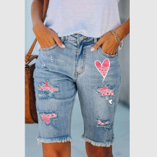 New Valentine's Day Sparkling Heart Printed Pierced Jeans with Burr Edges, Tight and Casual Shorts