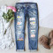 New hole print casual straight leg mid waist women's washed denim jeans PLUS SIZE