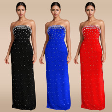 Fashionable women's strapless sexy bubble bead split backless dress