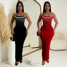 Fashionable women's one shoulder split iron diamond wrapped hip dress new