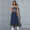 Women's new denim PU leather patchwork pocket tassel long skirt