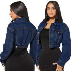 Women's new denim elastic button cardigan long sleeved short denim jacket