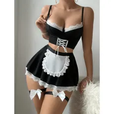 Sexy lingerie, passionate uniform, seductive maid outfit, bra, short skirt, thong, three piece set
