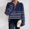 High neck striped sweater women's autumn and winter new long sleeved zipper pullover top