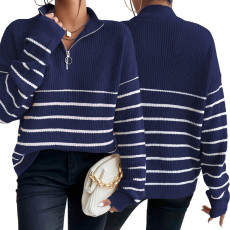 High neck striped sweater women's autumn and winter new long sleeved zipper pullover top