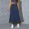 Women's new denim PU leather patchwork pocket tassel long skirt