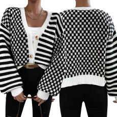 New autumn and winter knitted top sweater women's checkered patchwork striped knitted jacket