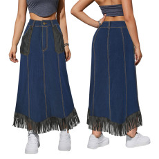Women's new denim PU leather patchwork pocket tassel long skirt