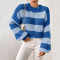 Fashion women's pullover round neck long sleeved striped sweater top