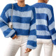 Fashion women's pullover round neck long sleeved striped sweater top