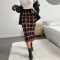 Fashionable women's elastic high waisted slit hem plaid skirt