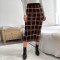 Fashionable women's elastic high waisted slit hem plaid skirt
