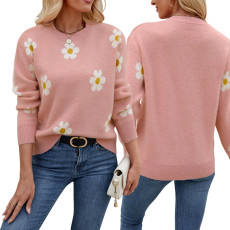 Fashionable new women's long sleeved loose fitting pullover sweater with round neck and small autumn chrysanthemum for women
