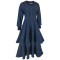 Women's new denim threaded collar long sleeved cake dress