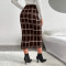 Fashionable women's elastic high waisted slit hem plaid skirt