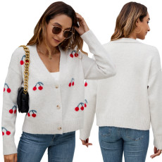 New cross-border women's cherry sweater cardigan button up long sleeved top