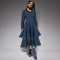 Women's new denim threaded collar long sleeved cake dress