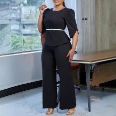 Fashionable and elegant solid color top, wide leg pants two-piece set