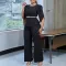 Fashionable and elegant solid color top, wide leg pants two-piece set