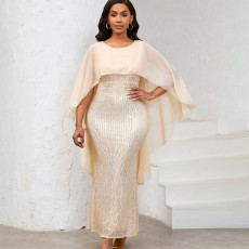 New fashionable chiffon cape sequined hip hugging long dress, banquet party dress, dress