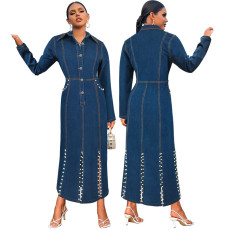 Cross border women's long sleeved lapel hem slit bubble bead long dress