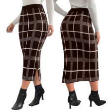 Fashionable women's elastic high waisted slit hem plaid skirt
