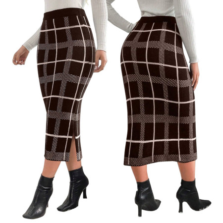 Fashionable women's elastic high waisted slit hem plaid skirt