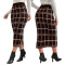 Fashionable women's elastic high waisted slit hem plaid skirt