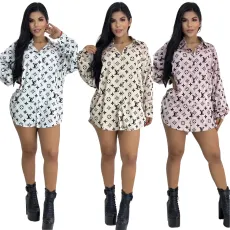 Casual shirt spring new fashionable printed slim fit shirt skirt