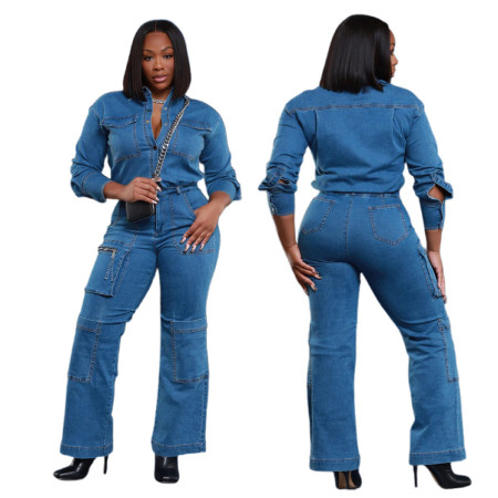 Loose stretch washable long sleeved workwear denim jumpsuit jumpsuit