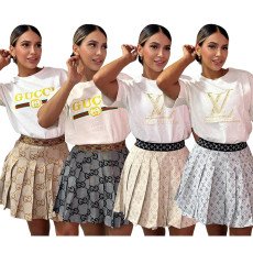 Embossed+Embroidered Fashion Style Short Sleeve+Short Skirt Two Piece Set