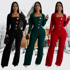 Fashionable women's long sleeved, wrapped arm long pants, slim fit solid color jumpsuit