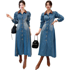 Fashion denim patchwork leather lapel buckle long sleeved waist cinched dress