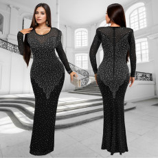 Fashionable women's long sleeved slim fit bag arm hot diamond sexy dress