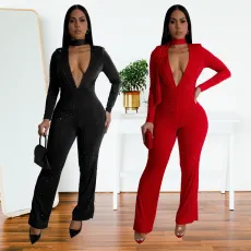 Fashionable women's sexy V-neck long sleeved diamond hot stamping bag arm jumpsuit new